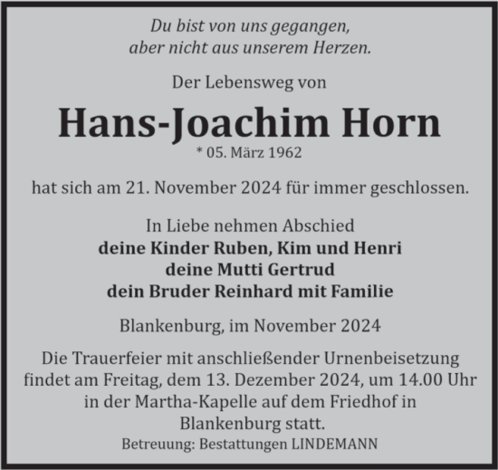 Traueranzeige von Hans-Joachim Horn von Volksstimme Wernigerode