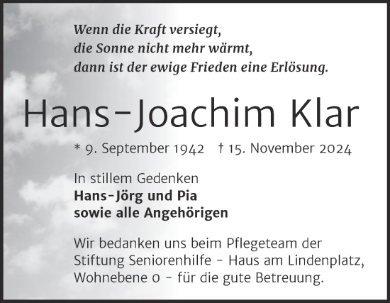 Traueranzeige von Hans-Joachim Klar von Trauerkombi Zeitz