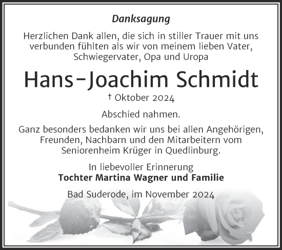 Traueranzeige von Hans-Joachim Schmidt von Mitteldeutsche Zeitung Quedlingburg