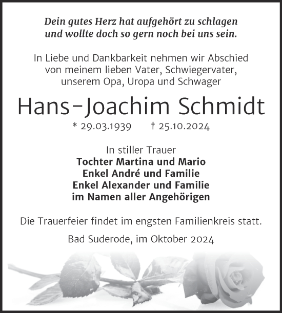 Traueranzeige von Hans-Joachim Schmidt von Trauerkombi Quedlinburg