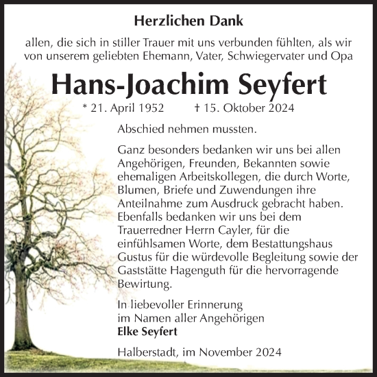 Traueranzeige von Hans-Joachim Seyfert von Volksstimme Halberstadt