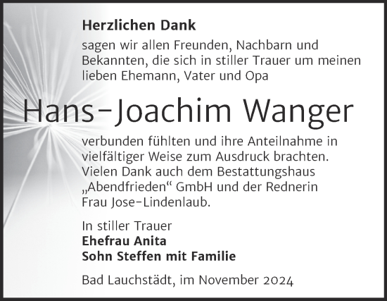Traueranzeige von Hans-Joachim Wanger von Trauerkombi Merseburg
