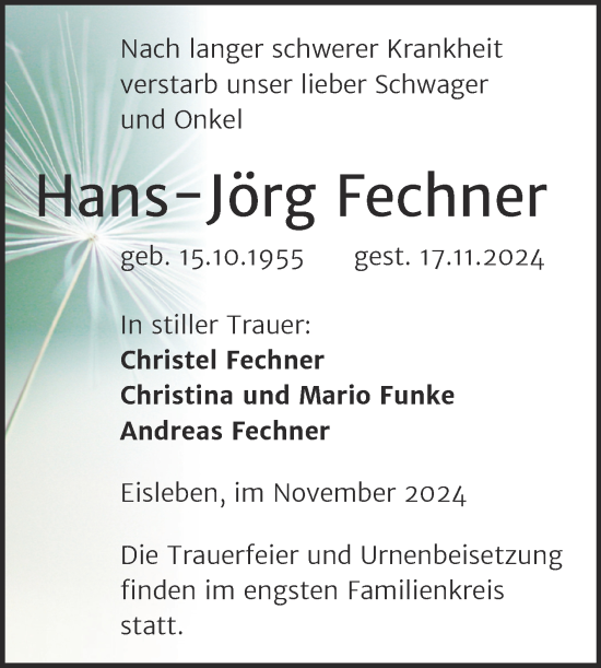 Traueranzeige von Hans-Jörg Fechner von Mitteldeutsche Zeitung Mansfelder Land
