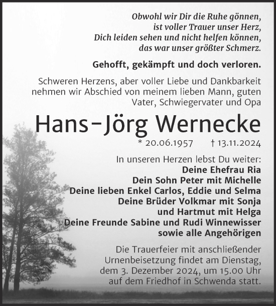 Traueranzeige von Hans-Jörg Wernecke von Trauerkombi Sangerhausen