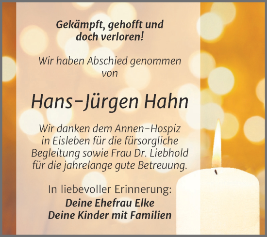Traueranzeige von Hans-Jürgen Hahn von Trauerkombi Mansfelder Land