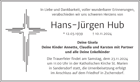 Traueranzeige von Hans-Jürgen Hub von Trauerkombi Bitterfeld