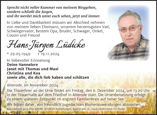 Traueranzeige von Hans-Jürgen Lüdicke von Trauerkombi Mansfelder Land