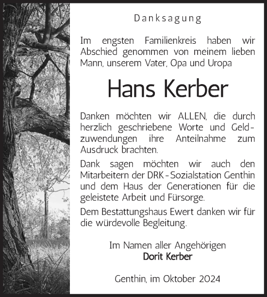 Traueranzeige von Hans Kerber von Volksstimme Burg/Genthin