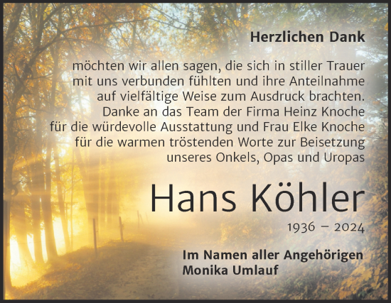Traueranzeige von Hans Köhler von Trauerkombi Aschersleben
