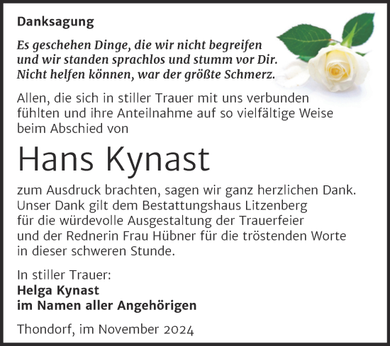 Traueranzeige von Hans Kynast von Trauerkombi Mansfelder Land