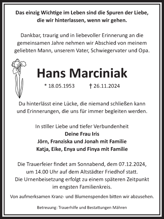 Traueranzeige von Hans Marciniak von Volksstimme Altmark West