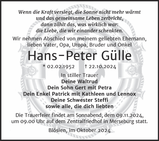 Traueranzeige von Hans-Peter Gülle von Trauerkombi Merseburg