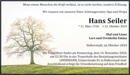 Traueranzeige von Hans Seiler von Volksstimme Halberstadt