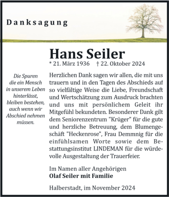 Traueranzeige von Hans Seiler von Volksstimme Halberstadt