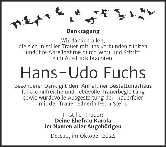 Traueranzeige von Hans-Udo Fuchs von Trauerkombi Dessau