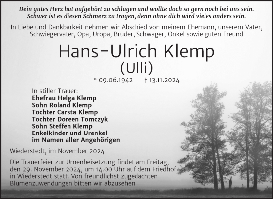 Traueranzeige von Hans-Ulrich Klemp von Trauerkombi Mansfelder Land