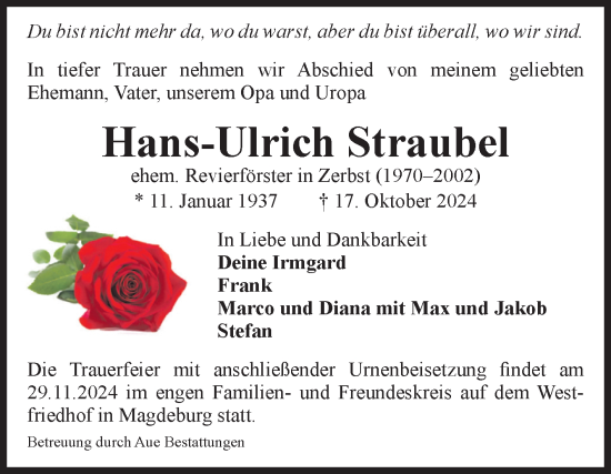 Traueranzeige von Hans-Ulrich Straubel von Volksstimme Zerbst
