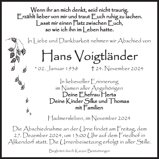 Traueranzeige von Hans Voigtländer von Volksstimme Oschersleben/Wanzleben