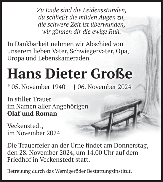 Traueranzeige von Hans Dieter Große von Volksstimme Wernigerode