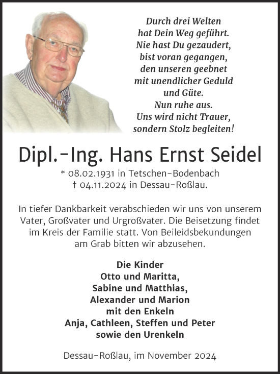 Traueranzeige von Hans Ernst Seidel von Trauerkombi Dessau