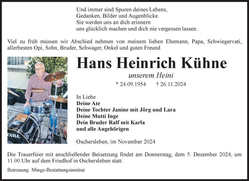  Traueranzeige für Hans Heinrich Kühne vom 30.11.2024 aus Volksstimme Oschersleben/Wanzleben