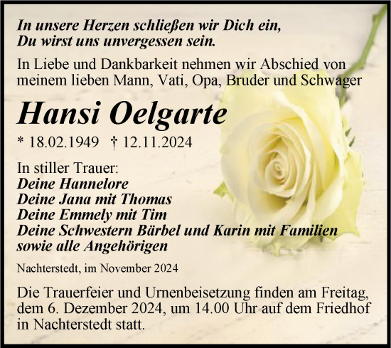 Traueranzeige von Hansi Oelgarte von Trauerkombi Aschersleben
