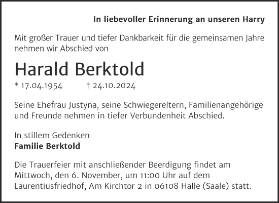 Traueranzeige von Harald Berktold von Mitteldeutsche Zeitung Halle/Saalkreis