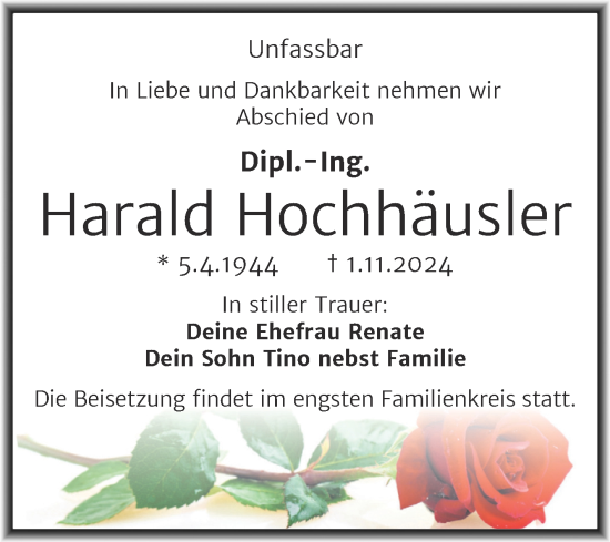 Traueranzeige von Harald Hochhäusler von Trauerkombi Dessau