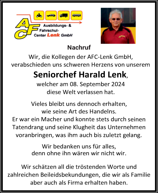 Traueranzeige von Harald Lenk von Super Sonntag Mansfelder Land