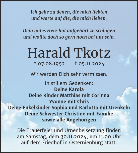 Traueranzeige von Harald Tkotz von Trauerkombi Köthen
