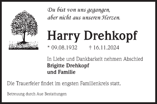 Traueranzeige von Harry Drehkopf von Volksstimme Magdeburg