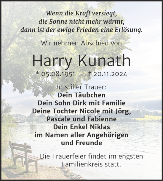 Traueranzeige von Harry Kunath von Trauerkombi Bitterfeld
