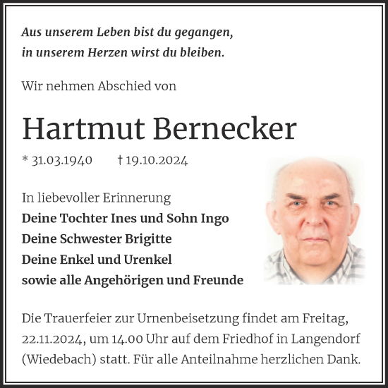 Traueranzeige von Hartmut Bernecker von Trauerkombi Weißenfels