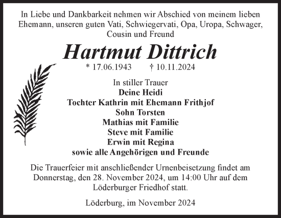 Traueranzeige von Hartmut Dittrich von Volksstimme Staßfurt