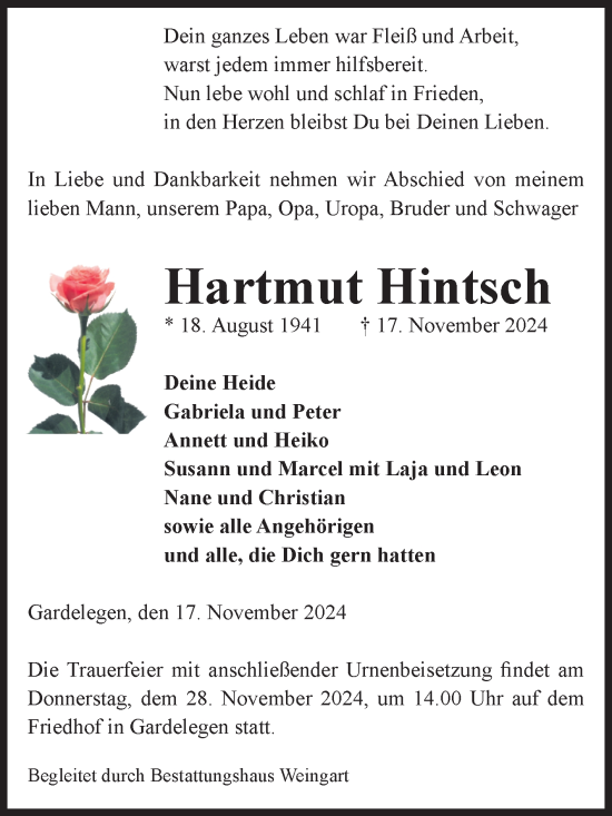 Traueranzeige von Hartmut Hintsch von Volksstimme Altmark West