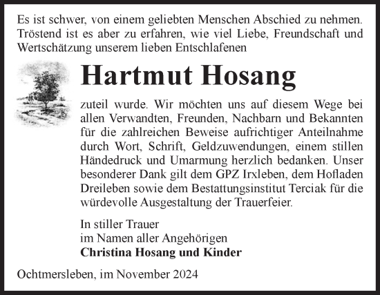 Traueranzeige von Hartmut Hosang von Volksstimme Haldensleben/Wolmirstedt