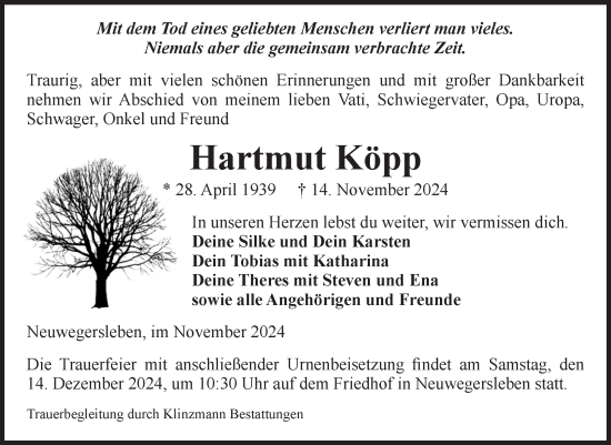 Traueranzeige von Hartmut Köpp von Volksstimme Oschersleben/Wanzleben