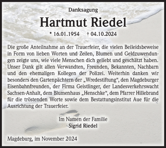Traueranzeige von Hartmut Riedel von Volksstimme Magdeburg