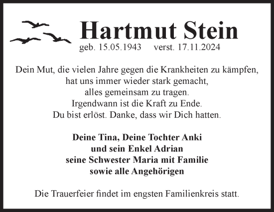 Traueranzeige von Hartmut Stein von Volksstimme Haldensleben/Wolmirstedt