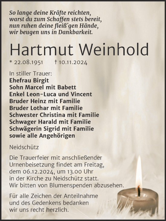 Traueranzeige von Hartmut Weinhold von Super Sonntag Naumburg/Nebra