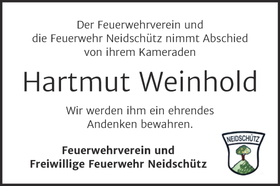 Traueranzeige von Hartmut Weinhold von Super Sonntag Naumburg/Nebra