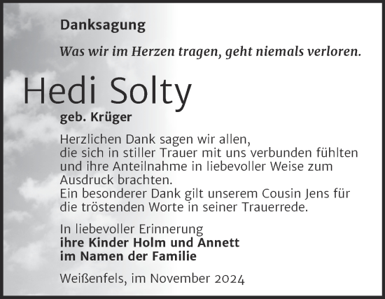 Traueranzeige von Hedi Solty von Trauerkombi Weißenfels