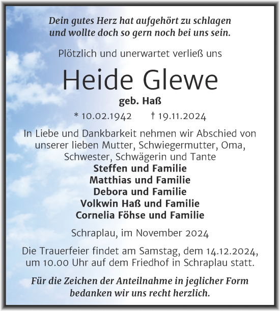 Traueranzeige von Heide Glewe von Trauerkombi Merseburg