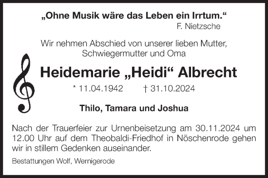 Traueranzeige von Heidemarie Albrecht von Volksstimme Wernigerode