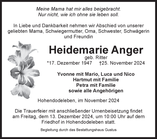 Traueranzeige von Heidemarie Anger von Volksstimme Magdeburg