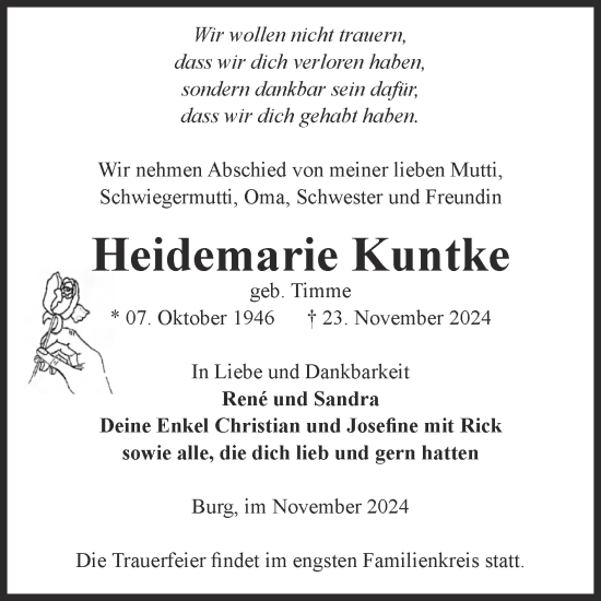 Traueranzeige von Heidemarie Kuntke von Volksstimme Burg/Genthin