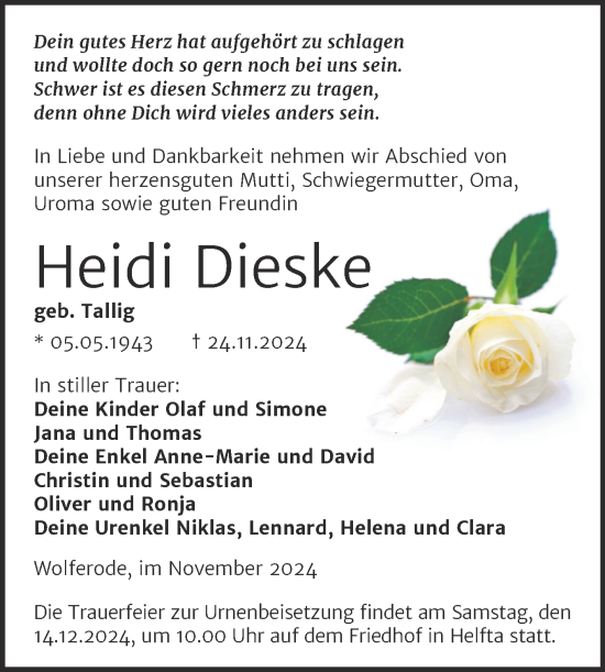 Traueranzeige von Heidi Dieske von Trauerkombi Mansfelder Land