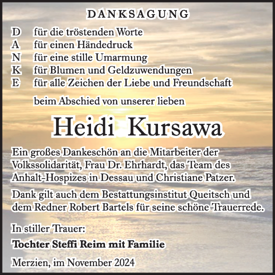 Traueranzeige von Heidi Kursawa von Trauerkombi Köthen