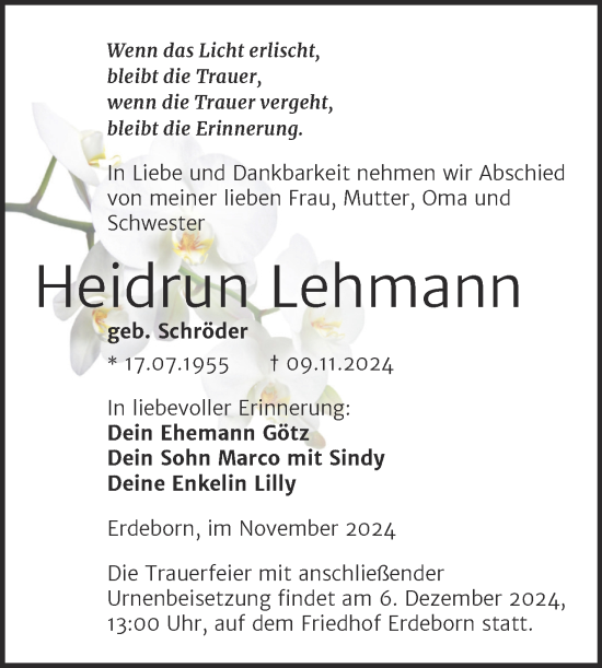 Traueranzeige von Heidrun Lehmann von Trauerkombi Mansfelder Land