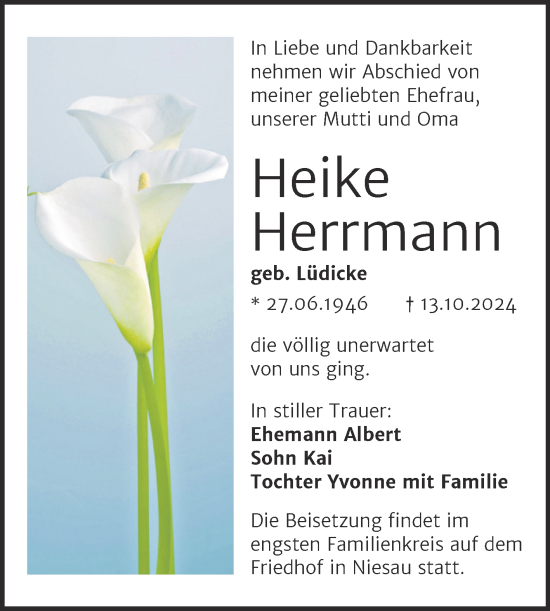 Traueranzeige von Heike Herrmann von Trauerkombi Bitterfeld